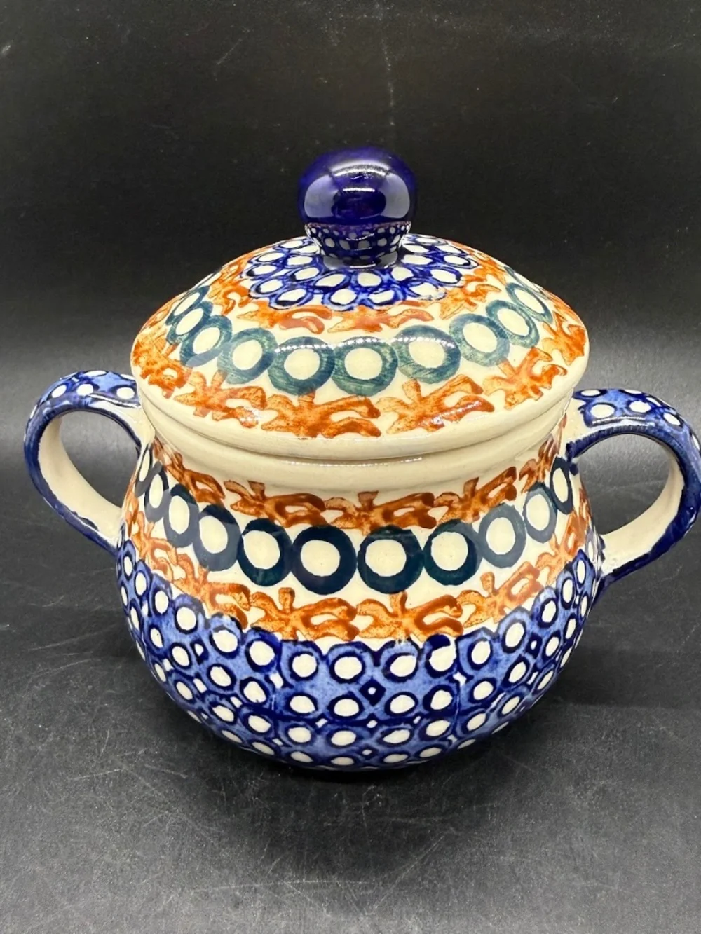 Vintage 1950s Polish Pottery Ceramika Artyscyczna Boleslawiec Lidded Sugar Bowl